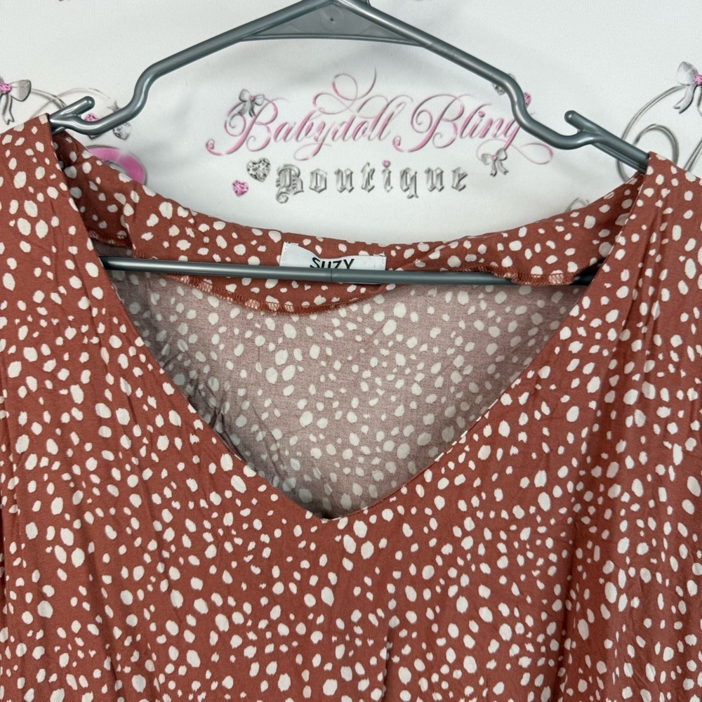 Suzy Sheir T-shirt top cropped orange dotted Women's Brown Polka Dot Top - Picture 5 of 10